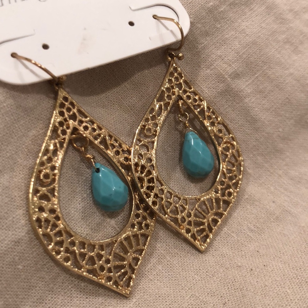 Chandelier style dangle earrings, gold/ turquoise